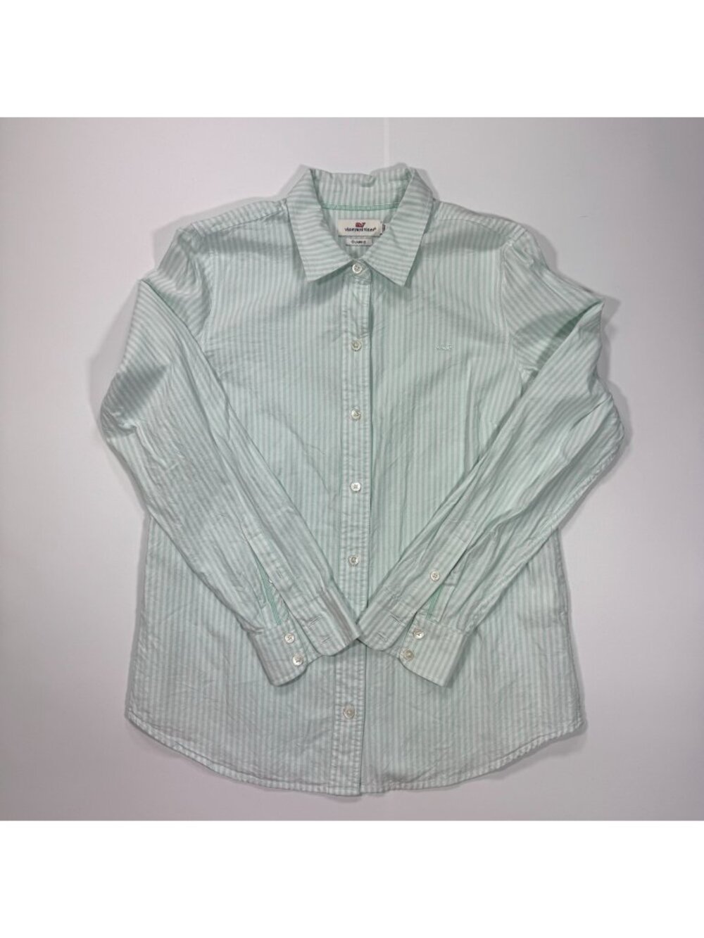 Vineyard Vines Shirt Women 8 Green Striped Cotton Button-Up Classic-Fit Workwear